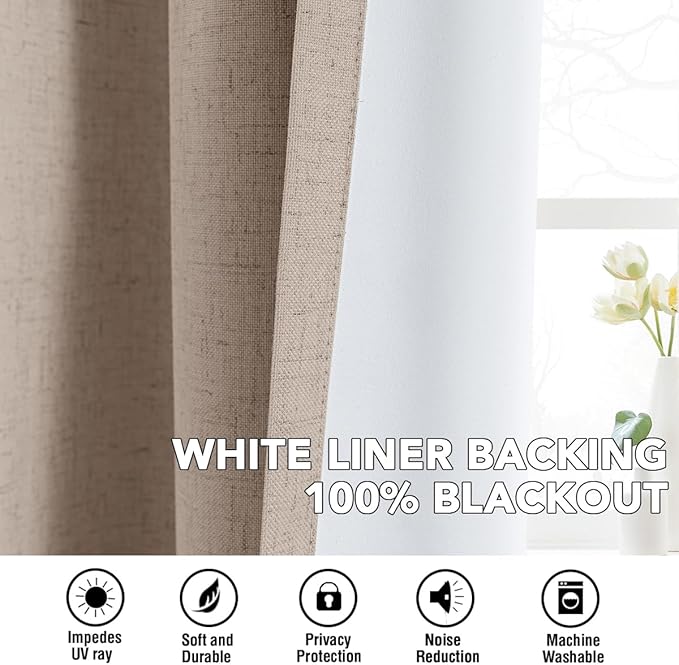 H.VERSAILTEX Linen Curtains 100% Blackout Curtains for Bedroom 63 inch Long Full Light Blocking Nature Linen Blended Window Curtains for Living Room Nickel Grommet (2 Panels, Heathered Sand)