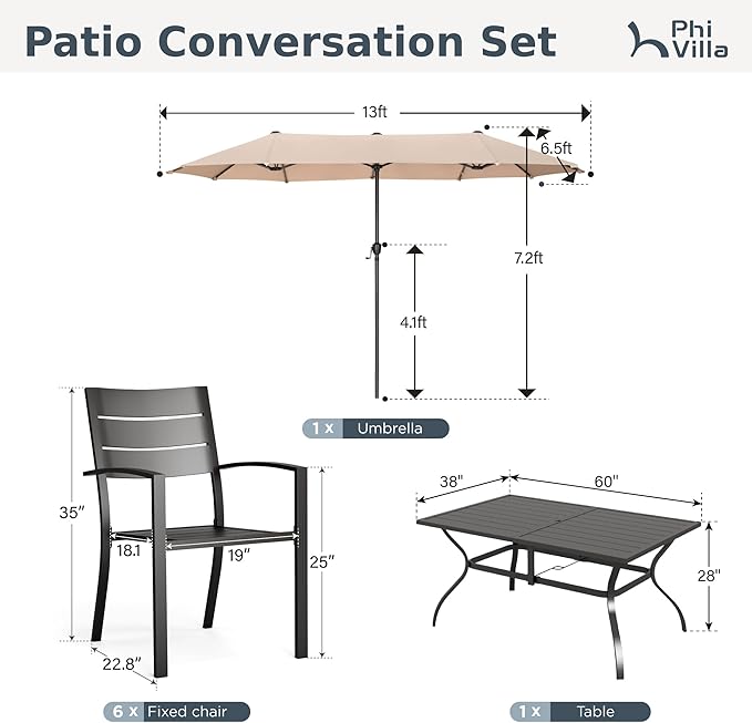PHI VILLA 7 Pieces Outdoor Dining Set with Umbrella for 6, 60" Rectangular Metal Table & Stacking Wrought Iron Chairs & 13ft Beige Umbrella, Outside Large Furniture for Patio, Deck, Porch, Backyard