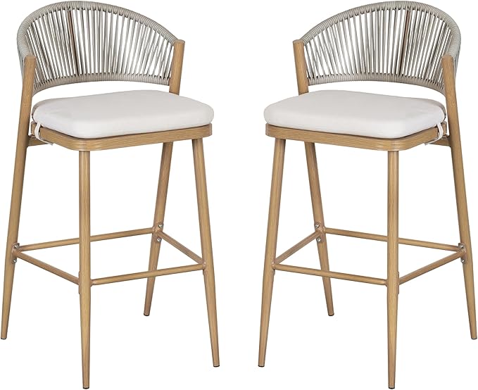 Christopher Knight Home Hearth 30.25" Patio Barstools Set of 2, Woven Wicker Counter Stool, Aluminum Frame Barstool, PE Rattan Scallop-Shape Backrest Woodlike Stool for Backyard Balcony, Maple