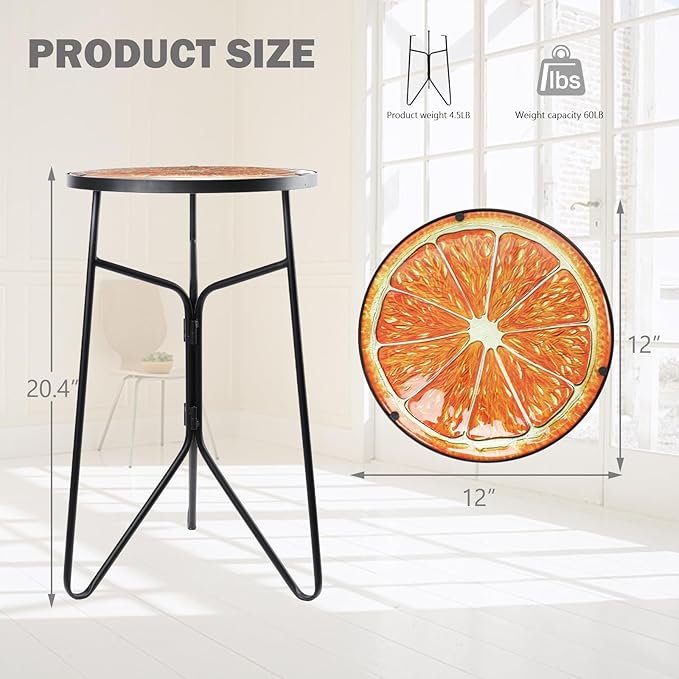 VCUTEKA Patio Side Table Outdoor Accent Table Bistro Coffee Tables Plant End Small Porch Tables Indoor Round Glass Balcony Plant Stands Orange 12''