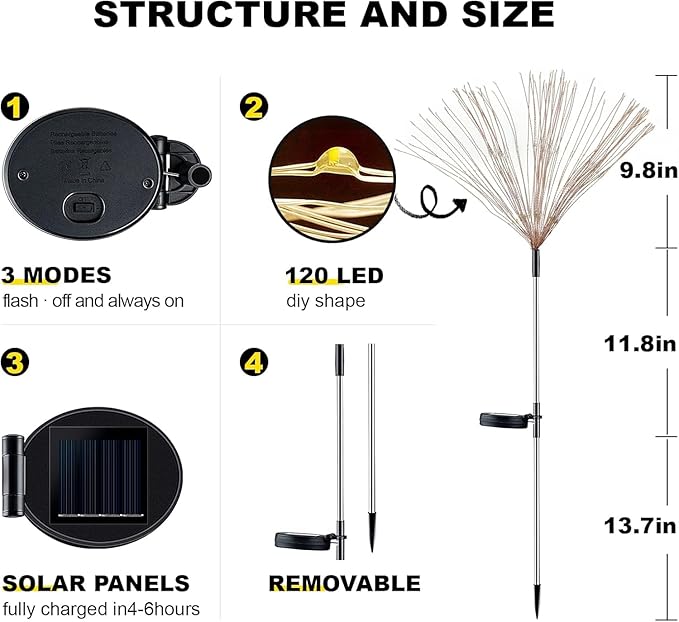 YOTOZU 2 PCS Solar Firework Light, Outdoor Solar Garden Decorative Lights 120 LED Powered 40 Copper Wires String DIY Landscape Light for Walkway Pathway Backyard Decoration Parties Perfect Gifts(Red)