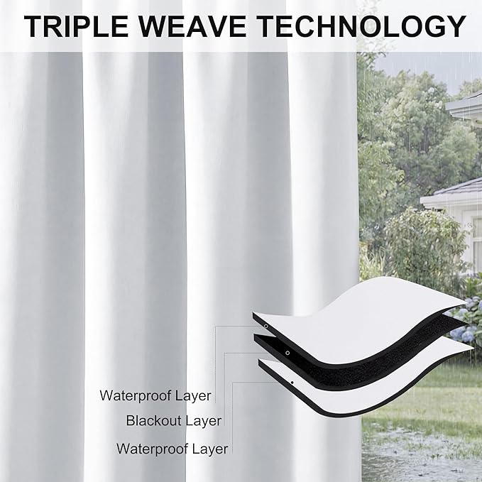 RYB HOME Extra Wide Outdoor Curtains for Patio Waterproof Heavy Duty Thermal Insulated in Summer Full Coverage Privacy for Porch, Cabana & Pool, W150 x L95, Greyish White, 1 Panel