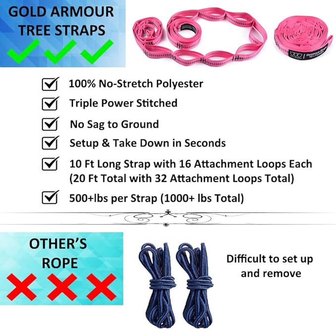 Gold Armour Camping Hammock - XL Double Hammock Portable Hammock Camping Accessories Gear for Outdoor Indoor with Tree Straps, USA Based Brand (Fuchsia and Pink)