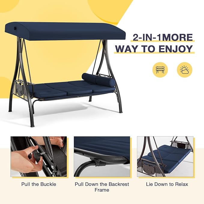 HOMREST 3 Person Outdoor Porch Swing with 1.5" Deep Cup Holder, Adjustable Canopy, Backrest, Patio Swing Bed with Weather Resistant Steel Frame, Cushions for Garden,Deck and Poolside(Blue)