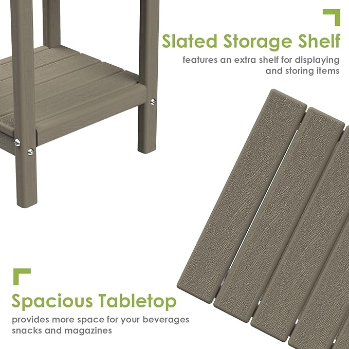 GREENVINES Adirondack-Outdoor-Side-Table | Wood Grain | 14 x 13 Inches | HDPE Plastic | All Weather | Desert Brown | Outside End Tables | Storage Shelf | for Patio Porch