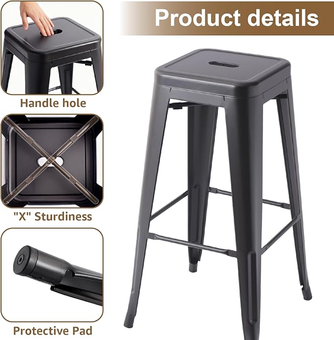 Stackable Metal Bar Stool Backless Indoor-Outdoor Counter Stools Fullmetal Dinning Chairs Set of 4 (Black, 30 Inch)