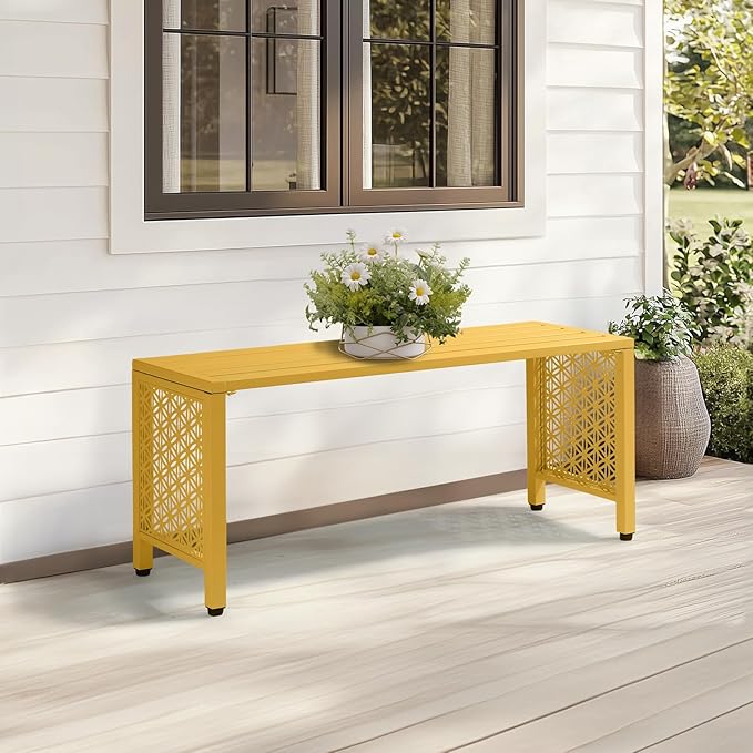 VINGLI 40in Outdoor Metal Bench, All-Weathe Backless Patio Bench with Slatted Seat＆Floral Side Panels, Rust-Resistant Garden Bench, Weatherproof Outdoor Seating for Porch Entryway Backyard (Yellow)