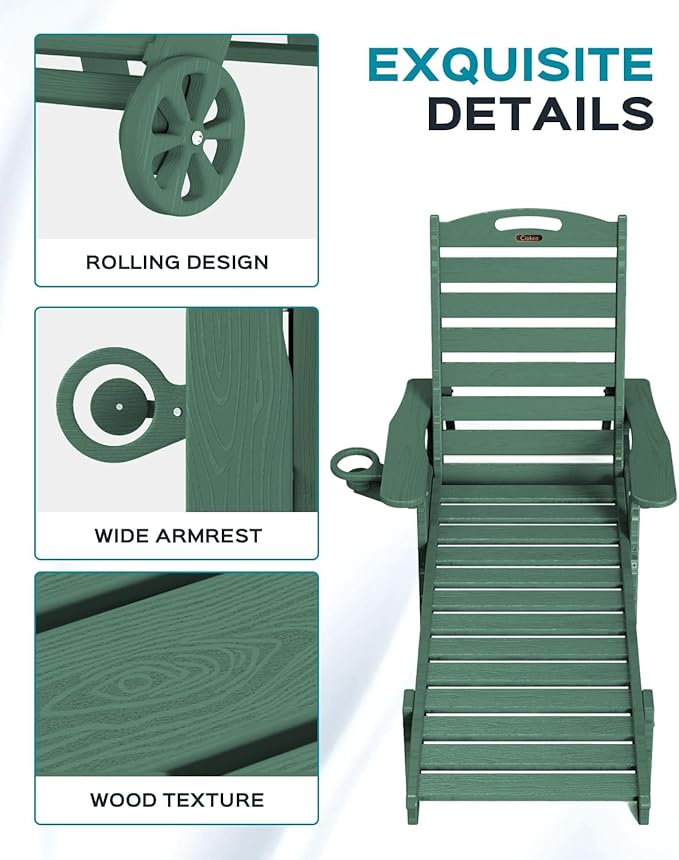 Outdoor Chaise Lounge Chair Set of 2, Patio Lounge Chairs for Outside, HDPE Lounge Chair with Wheels & Cup Holder, Poly Chair with 5 Position for Poolside, Deck, Green