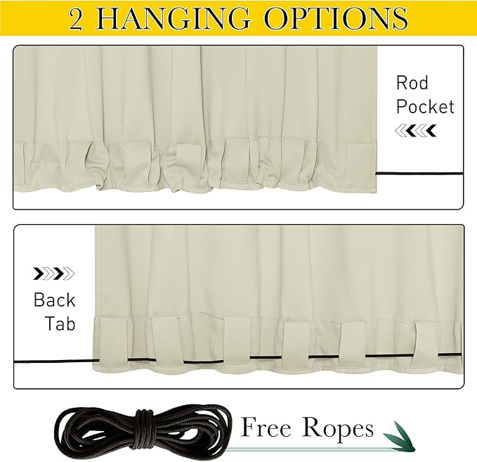 NICETOWN 2 Panels Waterproof Outdoor Curtains Fixed Grommet & Back Tab on Top & Bottom, Thermal Insulated Keep Rain & Sun Out Blackout Windpoorf Outdoor Draperies with Rope, W52 by L108, Light Beige