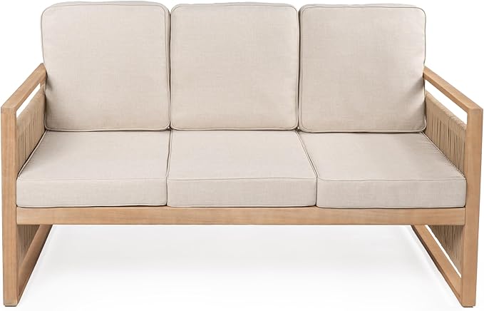 JONATHAN Y SFB1002A Gable 3-Seat Mid-Century Modern Roped Acacia Wood Outdoor Sofa with Cushions Scandinavian, Classic, Transitional, Industrial for Backyard, Patio, Porch, Beige/Light Teak