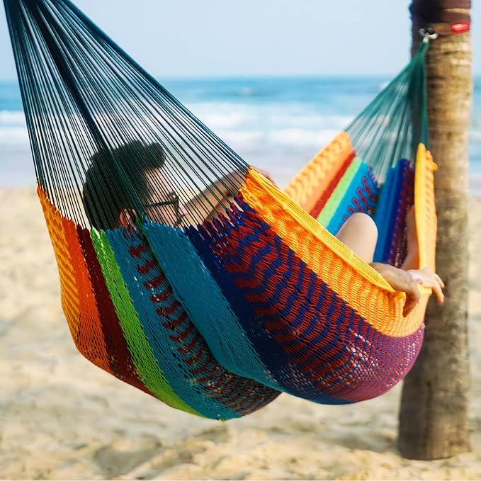 Lazy Daze Hammocks Handwoven Mayan Hammock, 10.5 FT Soft Rope Double Hammocks, Portable Outdoor Hammock with Carry Bag, 2 Straps & Carabiners for Patio Outside, 550 lbs Weight Capacity, Multi Color