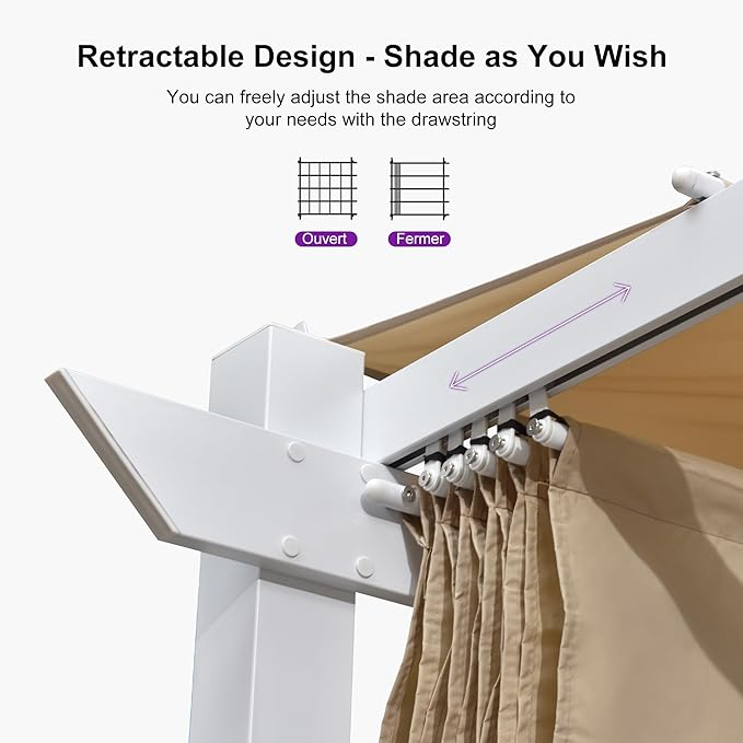 PURPLE LEAF 10' x 10' Outdoor Aluminum Pergola White Heavy-Duty Retractable Pergola Patio Metal with Double Sun Shade Canopy for Gardens Deck Backyard, Khaki