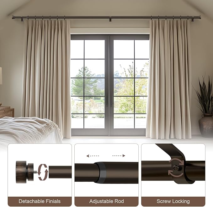 2 Pack Antique Brown Bronze Curtain Rods for Windows 72 to 144 Inches Adjustable Heavy Duty 1" Diameter Window Curtain Rod with Finials for Outdoor Farmhouse Bedroom Kitchen Living Room