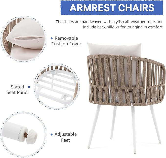 SUNSITT 5 Piece Outdoor Dining Set, Metal Patio Furniture Dining Set with Acacia Wood Top Dining Table and 4 Woven Rope Patio Chairs w/Cushions for Yard, Garden, White