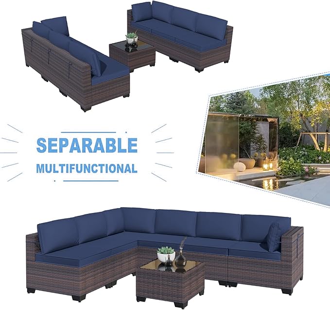 Kullavik 7 Pieces Outdoor Patio Furniture Set,Sectional Rattan Sofa Set Brown PE Rattan Wicker Patio Conversation Set with Tempered Glass Coffee Table and Washable Cushions Covers,Navy Blue