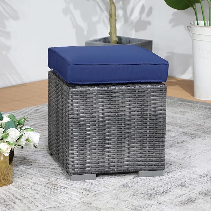 Patiorama 2 Pieces Assembled Outdoor Patio Ottoman, Indoor Outdoor All-Weather Grey Wicker Rattan Outdoor Footstool Footrest Seat w/Navy Blue Cushions,Outdoor Ottoman for Patio,No Assembly Required