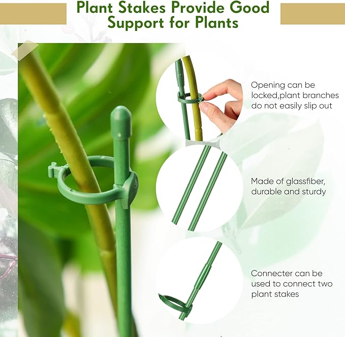 meekoo 120 Pcs Adjustable Garden Plant Support Stakes Single Stem Plant Cage Support Rings with Clips and Connect Pipe for Orchid Rose Tomato, 12 Inch (Green)