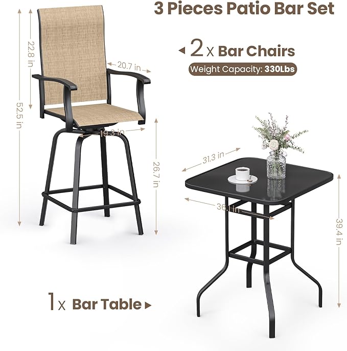3-Piece Patio Bar Set with Textilene Swivel Bar Stools, All-Weather Bar Height Tempered Glass Table and Chairs for Lawn, Garden, Balcony, Deck, Backyard, Rustproof Frame