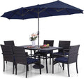 Sophia & William Patio Outdoor Table and Chairs Set with Umbrella Navy, Patio Dining Sets for 6, 7 Pieces Patio Table Set for Backyard Deck Porch Outside, Metal Table with Cushioned Rattan Chairs