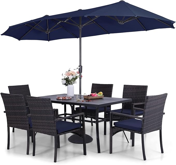Sophia & William Patio Outdoor Table and Chairs Set with Umbrella Navy, Patio Dining Sets for 6, 7 Pieces Patio Table Set for Backyard Deck Porch Outside, Metal Table with Cushioned Rattan Chairs