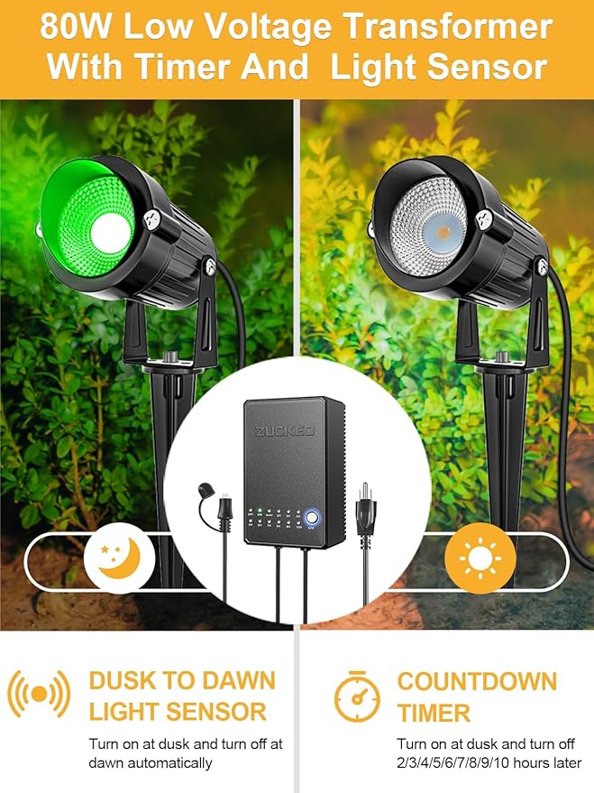 ZUCKEO All-in-One RGB Low Voltage Landscape Lighting Kit, 5W LED Color Changing Landscape Lights with Transformer and 120FT Wire, Outdoor Spotlights for Halloween Christmas Yard Garden Decor, 12Pack