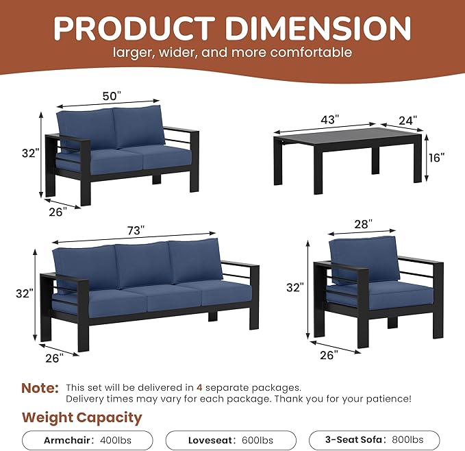 Solaste Aluminum Patio Furniture Set with 55 inch Fire Pit Table, 5 Piece Metal Outdoor Furniture with Water-Resistant Cushion, Modern Patio Conversation Set for Balcony, Front Porch, Backyard, Blue