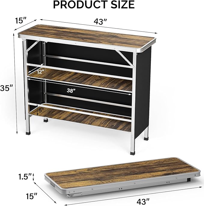 VINGLI 43" Portable Bar Table with Pole, 3-Tier Shelves, Mobile Bar Table for Events, Party, Camping, Picnic, Tradeshow, Indoor with Black Skirt