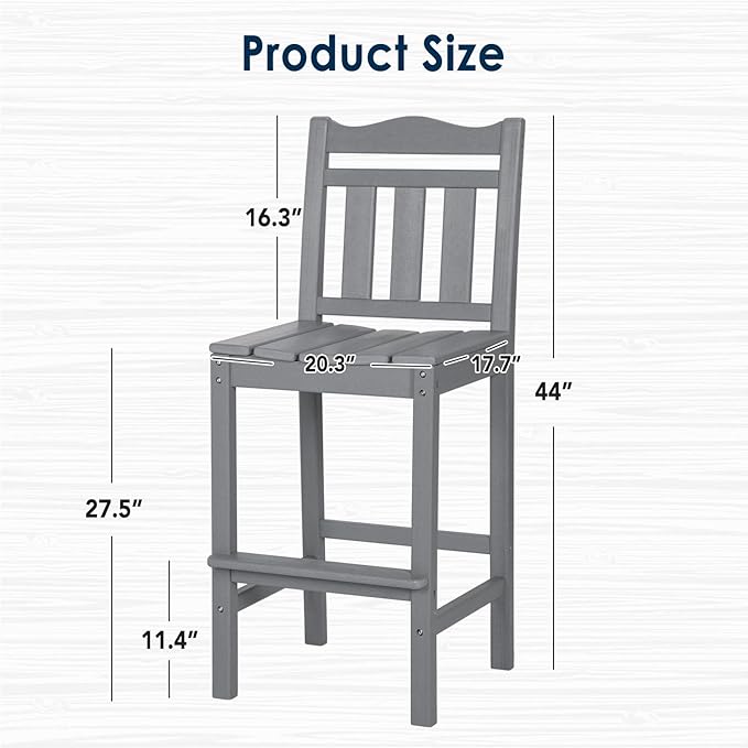 nalone Outdoor Bar Stools Set of 2, HDPE Tall Adirondack Chairs Bar Chairs, Weather Resistance Bar Height Chair for Balcony, Garden, Yard, Backyard (Grey, Bar Chairs Set of 2)