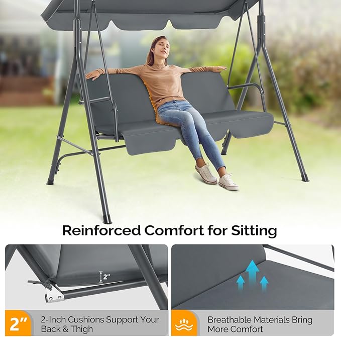 VINGLI Heavy Duty 550 LBS Upgraded 2 Person Outdoor Porch Swing with Stand, Adjustable Canopy Swing with Cushions & Steel Frame for Yard, Pool, Lawn, Indoors (Grey)