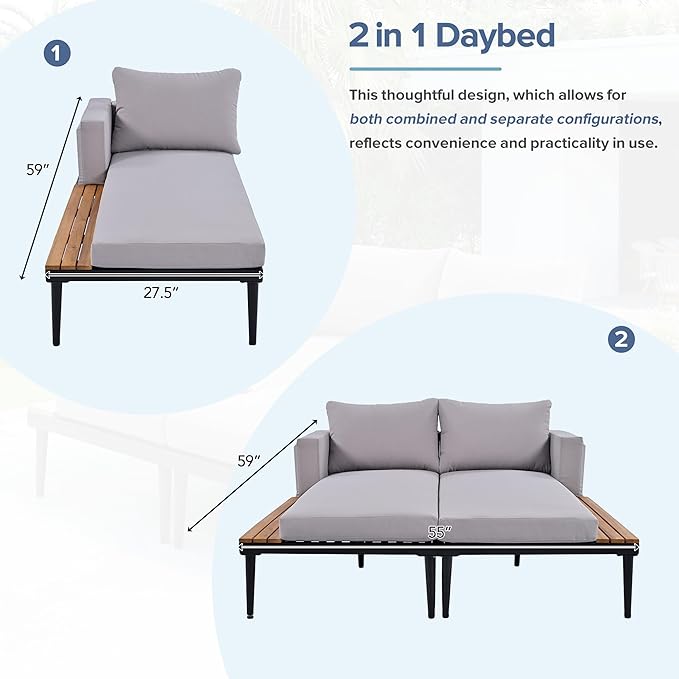 Outdoor Double Metal Daybed, with Wood Topped Side for Drinks, 2 in 1 Padded Sun Lounger with Cushions & Pillows, Patio Chaise Lounge Chair for Poolside Lawn Garden, Gray
