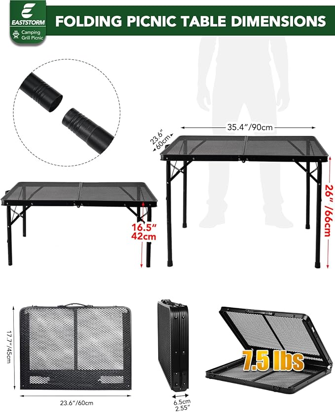 3 ft Folding Table with Adjustable Height (16.5" & 26"), Black Metal Mesh Table with Carry Handle, Portable for Camping, Tailgating, BBQ, Picnic & Indoor, Fits 3–6 People, 7.5 lb, Supports 66 lb