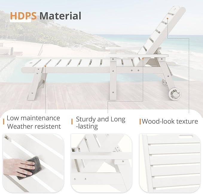 LUE BONA Outdoor Chaise Lounge Chairs Set of 4, HDPS Chaise Lounger, 5 Positions Adjustable Lounge Chairs, Pool Lounge Chair with Wheels for Poolside, White