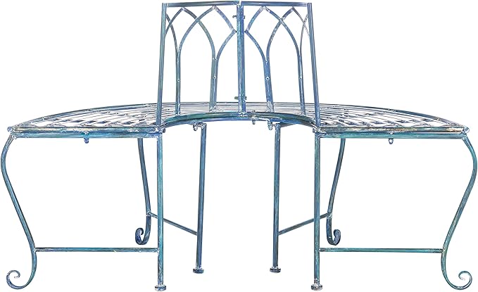 SAFAVIEH Outdoor Furniture Collection – Abia Antique Blue Distressed Wrought Iron 50-Inch Curved Tree Bench, Garden & Patio Seating (PAT5018C)