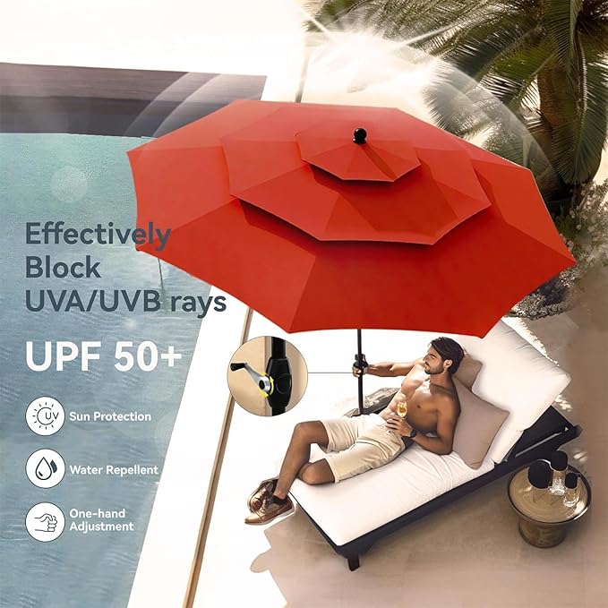 PHI VILLA 5 Pieces Outdoor Dining Set for 4 with Umbrella, 42" Large Round Metal Steel Table & Stackable Iron Chairs with Cushions & 10ft Red Umbrella, Modern Furniture for Patio, Deck, Yard, Porch