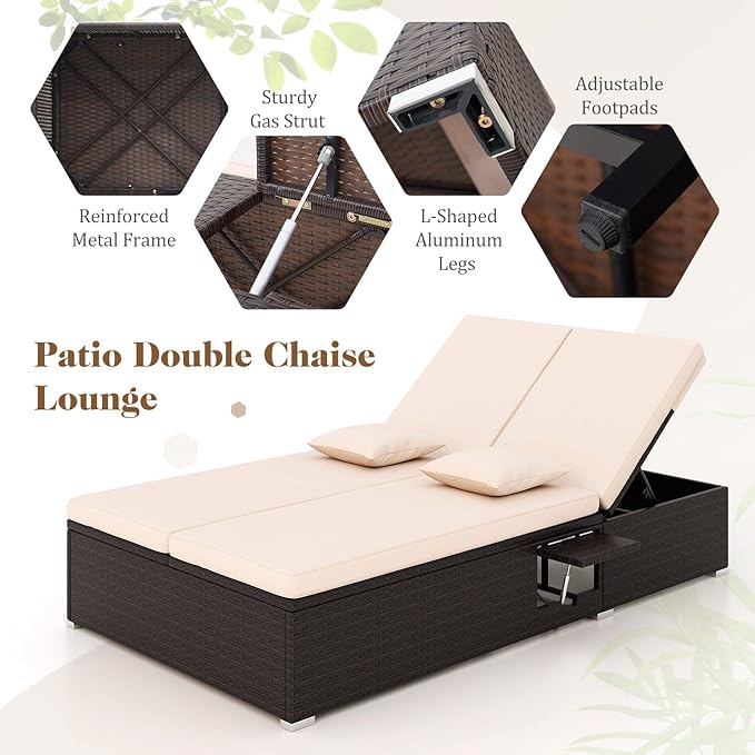 Tangkula Outdoor Rattan Daybed with 6-Level Adjustable Backrests, 2-Person Adjustable Wicker Recliner Bed with Cushions & Folding Side Trays, Double Sunbed Lounger for Balcony, Backyard & Poolside