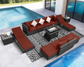 NICESOUL 13 Piece Wicker Outdoor Patio Furniture Set with Fire Pit, XL Size 10-Seater Patio Sectional with Firepit & Chaise Lounge, All Weather 500 lbs Heavy Duty Outside Sofa, Grey & Red