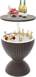 SHAREWIN Patio Cool Bar Table, Height-Adjustable Outdoor Bar Tables 8 Gallon Beer and Wine Cooler, 3-in-1 Rattan Style Ice Cooler with Drainage Plug for Pool Party (Grey)