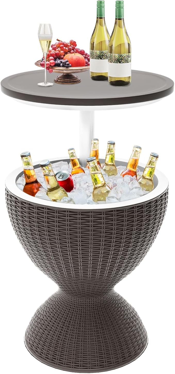 SHAREWIN Patio Cool Bar Table, Height-Adjustable Outdoor Bar Tables 8 Gallon Beer and Wine Cooler, 3-in-1 Rattan Style Ice Cooler with Drainage Plug for Pool Party (Grey)