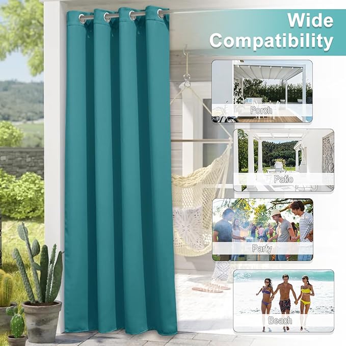 NICETOWN Peacock Teal Outdoor Curtains for Patio Waterproof 108" Long, Triple Weave Rustproof Grommet Thermal Insulated Privacy Room Darkening for Gazebo/Pergola, W52 x L108, 1 Panel