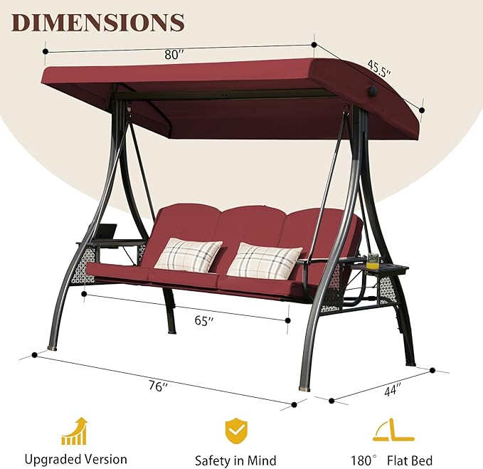 3-in-1 Convertible Outdoor Swing for Adults, Outdoor Porch Swing with Stand 800lb Bearing Capacity, 3-Seat Outdoor Swing with Canopy Adjustable, Thickened Cushions (Square, Wine Red)