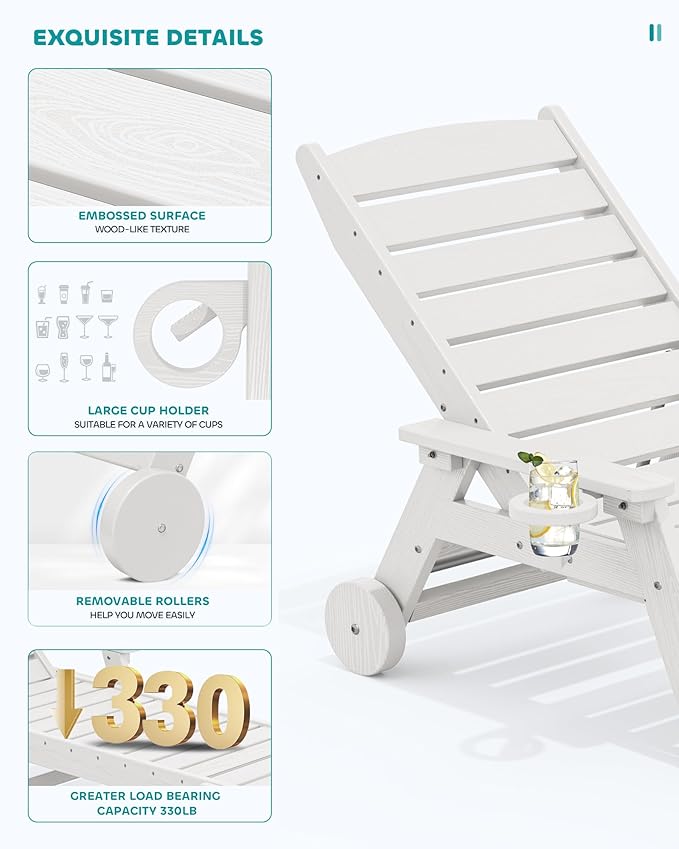 SERWALL Patio Chaise Lounge Chair Set of 2 with 9FT Patio Umbrella, 78'' HDPE Outdoor Lounger, Poly Lounge Chair with Rolling Wheels & Cup Holder for Pool,Light White (Umbreall Base not Included)