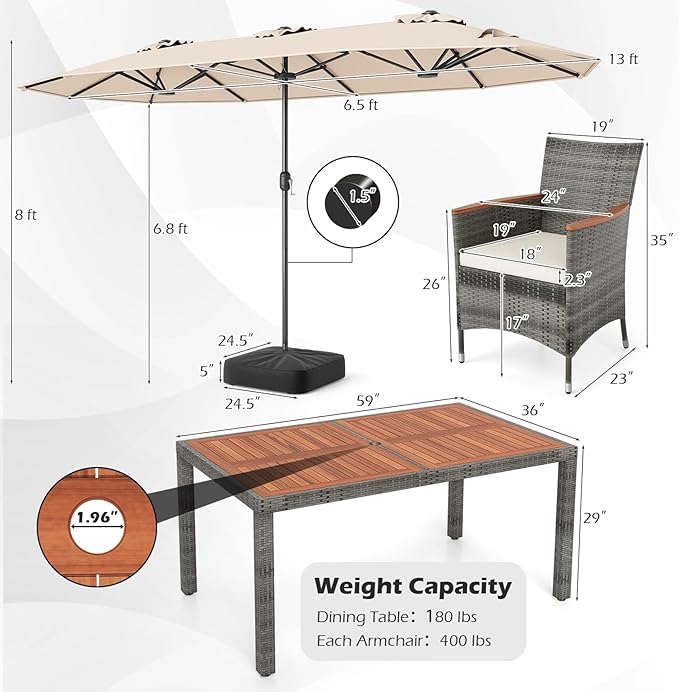 Tangkula 9 Piece Rattan Outdoor Dining Set with 13Ft Umbrella for 6, Outdoor Wicker Table Set with 6 Cushioned Armchairs, Acacia Wood Top, Outdoor Umbrella & with Base Included