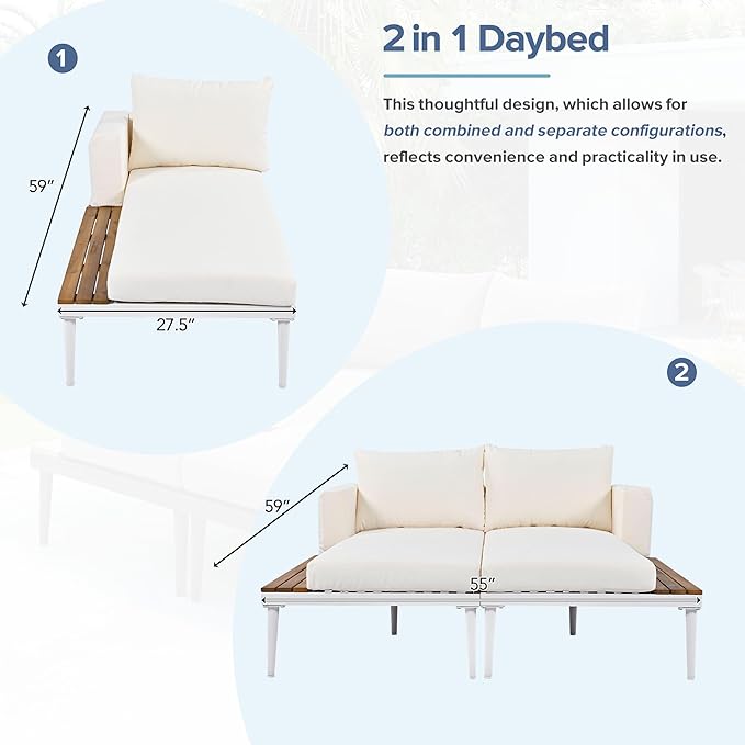 Outdoor Patio Metal Daybed with Wood Topped Side for Drinks, 2 in 1 Padded Chaise Lounge Chair with Cushions & Pillows, Outdoor Double Sun Lounger for Lawn Garden Poolside, Beige