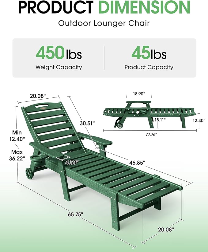 Chaise Lounge Outdoor, Lounge Chair Outdoor with Wood Texture, Adjustable 5-Position Backrest, HDPE Lounge Chair with Wheels & Cup Holder for Pool Deck Backyard, Green