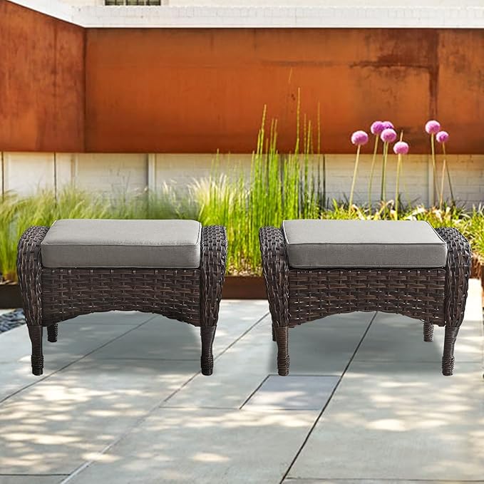 Belord Outdoor Ottomans for Patio Foot Rest - 25 Inch PE Wicker Foot Stool Set of 2 with Removable Cushions for Patio Furniture Sets,All Weather Rattan Ottoman for Balcony Deck Backyard Brown