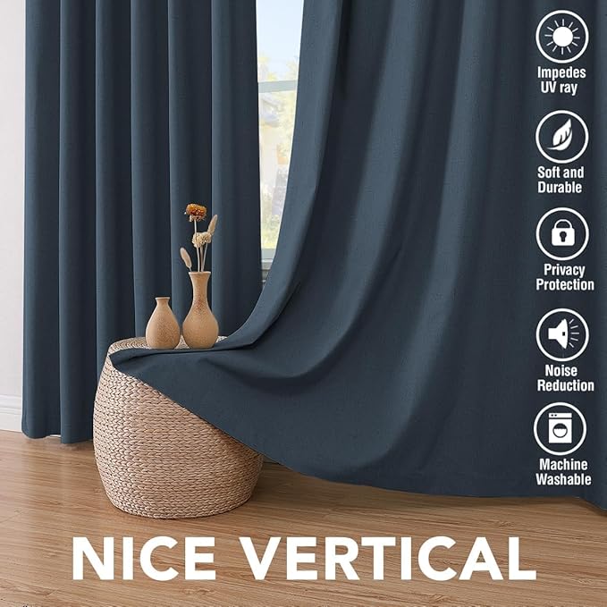 H.VERSAILTEX Linen Curtains 100% Blackout Curtains for Bedroom 102 inch Long Full Light Blocking Nature Linen Blended Window Curtains for Living Room Nickel Grommet (2 Panels, Navy)
