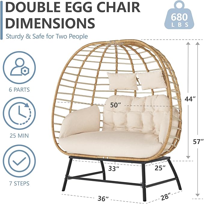 SWITTE Double Wicker Egg Chair Outdoor, Indoor 2-Person Papasan Loveseat with Thick Cushions, Oversized Patio Lounge Chair, 680 lbs Capacity for Balcony, Porch, Backyard-Beige