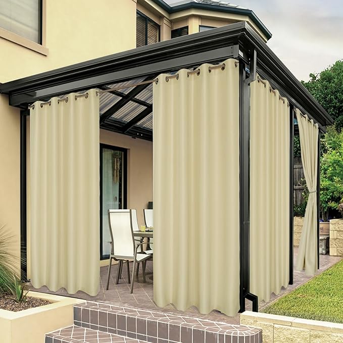 BONZER Waterproof Outdoor Curtains for Patio Porch Pergola Cabana Light Filtering Privacy Grommet Indoor Curtain Panels for Bedroom Living Room, 1 Panel, 54W x 120L inch, Cream