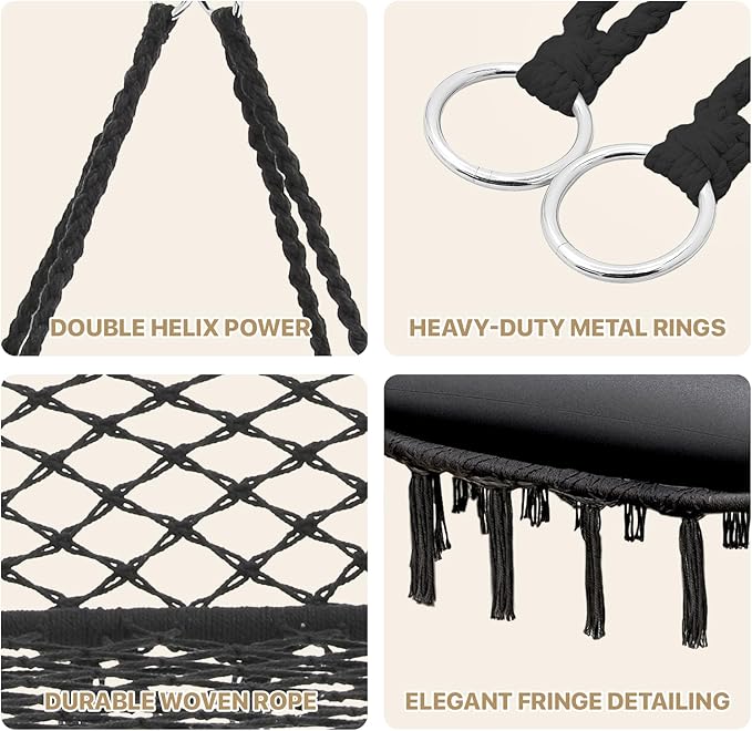 MoNiBloom 2 Seat Hammock Chair Hanging Macrame Swing 3 Cushions Included, Indoor/Outdoor Boho Chair for Adults, Max 700 lbs Capacity Patio Hanging Chair Porch Hammock Chair Hanging Rope Swing, Black