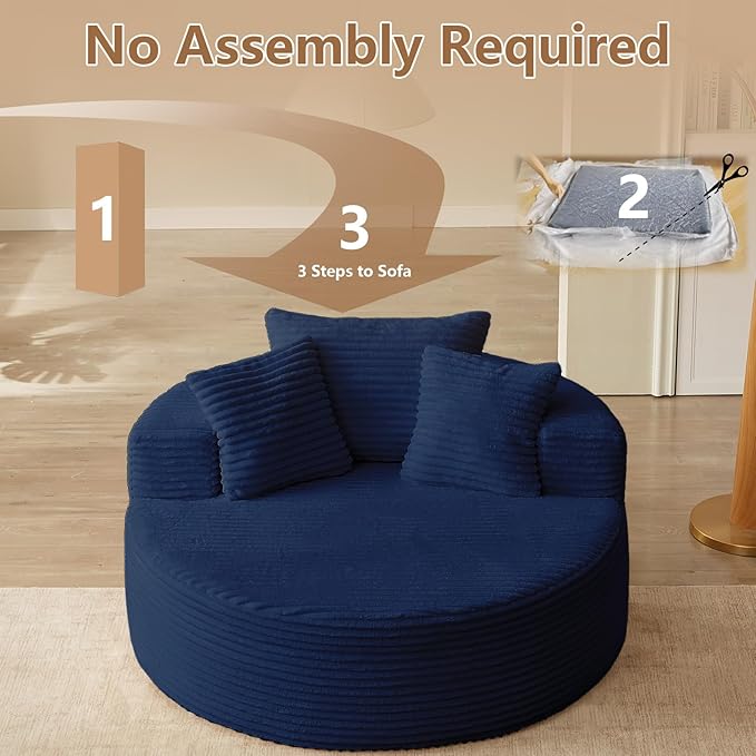 Oversized Round Chair Lounge Chaise Indoor, Upholstered Corduroy Deep Seat Cloud Large Circle Sofa Chair, No Assembly Required, Fluffy Modern Sleeper Sofa Bed for Reading, Living Room, Bedroom, Blue